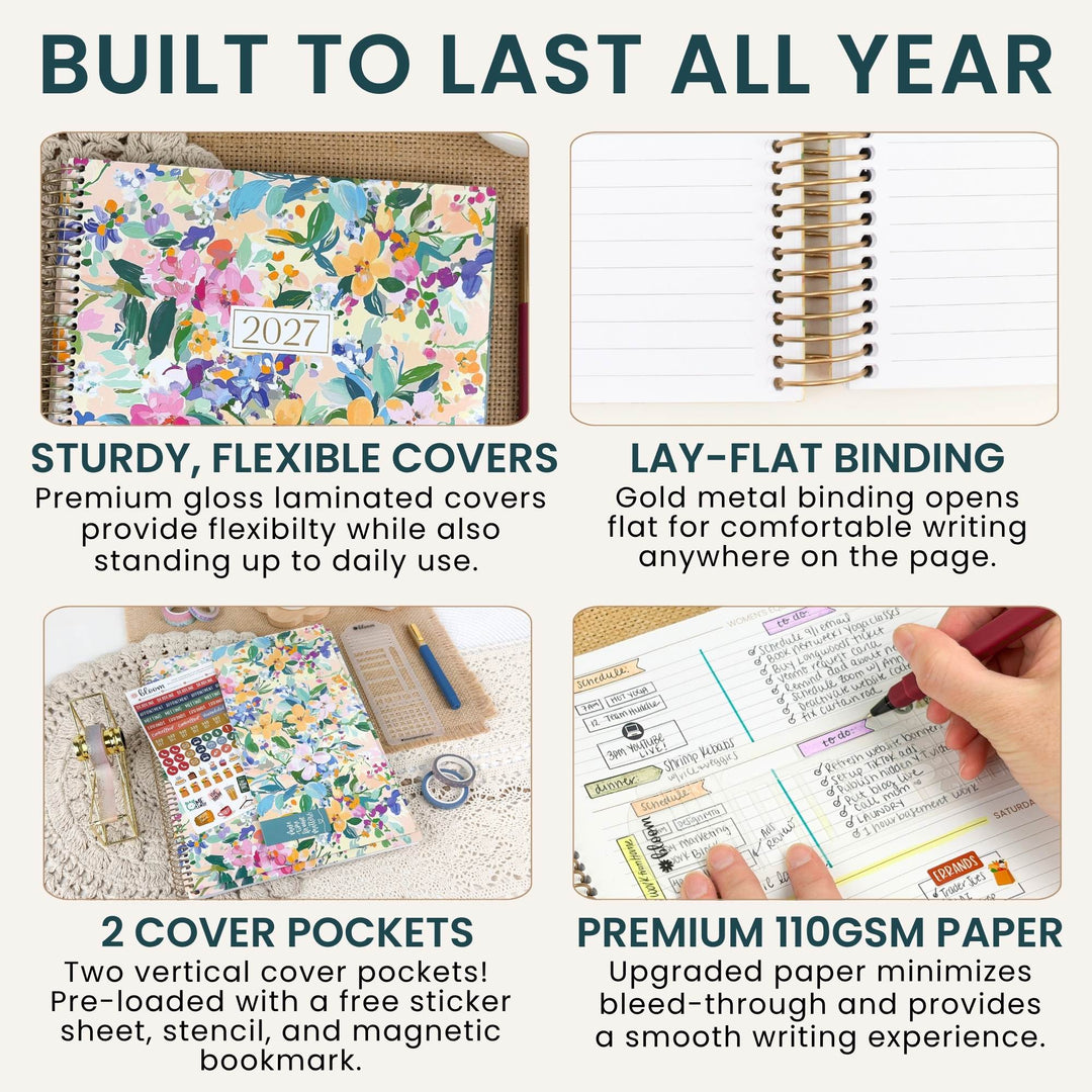 A four-panel promotional graphic for a floral planner notebook. The top text reads 'BUILT TO LAST ALL YEAR.