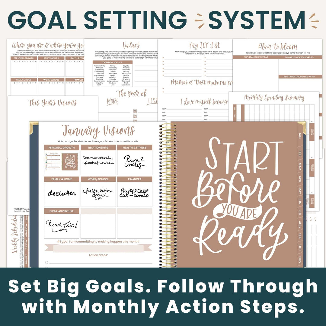 Goal setting system planner bundle featuring a spiral-bound planner with a dusty rose cover that reads 'START Before YOU ARE Ready' and multiple matching printable sheets and worksheets displayed behind it.