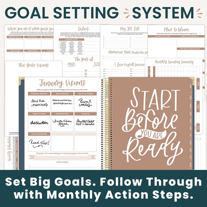 Goal setting system planner and tracker set, featuring an open spiral-bound notebook with a dusty rose cover reading 'START Before YOU Are Ready' and multiple printed worksheet pages behind it, with headline text at top and bottom.