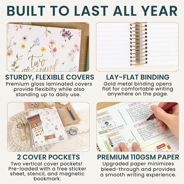 A 4-panel infographic detailing the features of a two-in-one planner notebook. The top-left panel shows a floral-patterned cover with gold foil script reading 'two in one'.