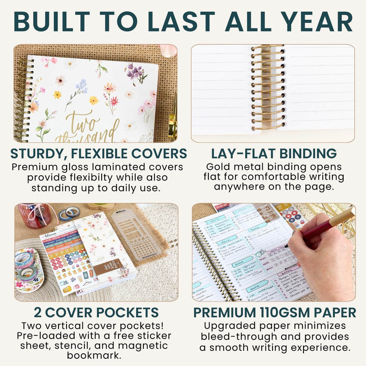 A 4-panel marketing infographic for a two-in-one spiral notebook. The top banner reads 'BUILT TO LAST ALL YEAR'.