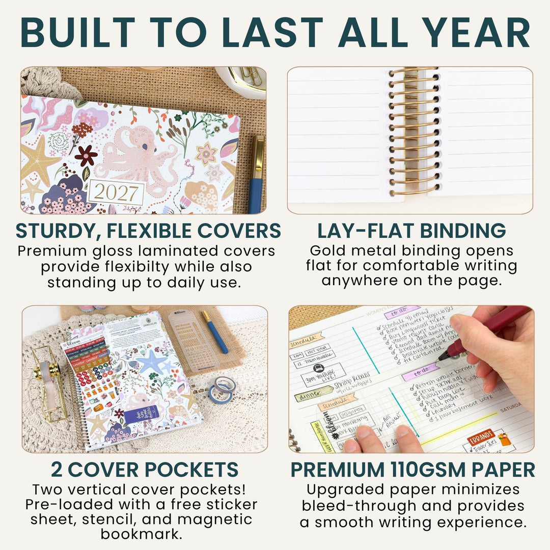 Soft-cover planner with premium laminated covers, lay-flat binding, cover pockets and notes
