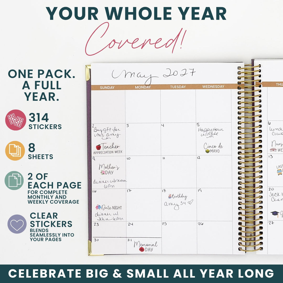 Year planning sticker set with clear-backed sheets: 314 stickers across 8 pages.