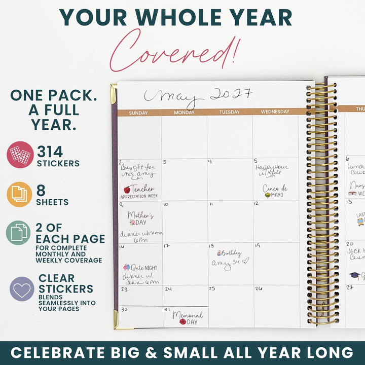 Year planning sticker set with clear-backed sheets: 314 stickers across 8 pages.