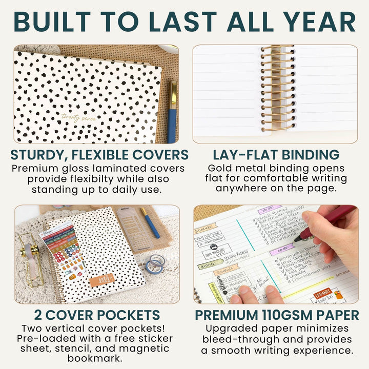 A 2x2 infographic detailing the features of a notebook, with the headline 'BUILT TO LAST ALL YEAR' at the top. The panels show a glossy white cover with black polka dots, a gold spiral binding, two cover pockets with a sticker and pen, and a hand writing in the lined paper.