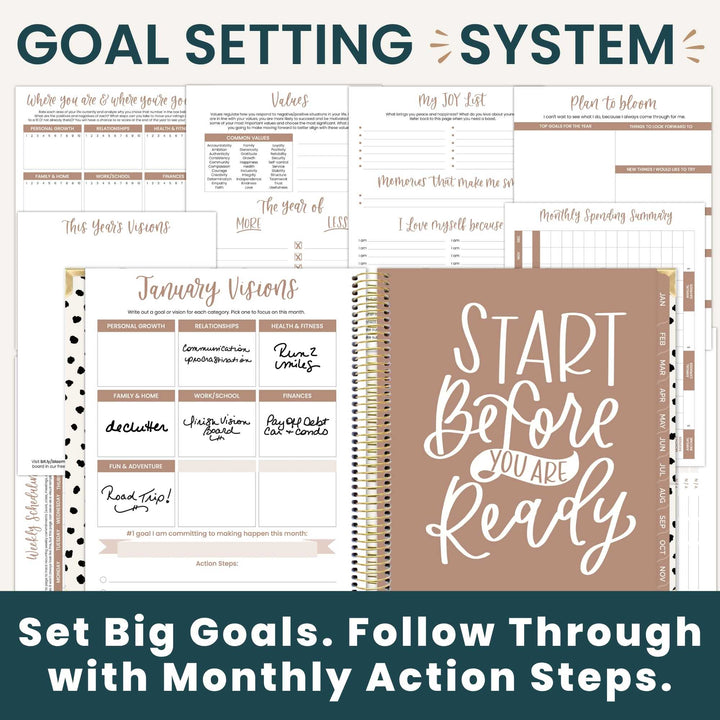 Goal setting system planner set featuring a large spiral-bound planner with a dusty rose cover that reads 'START Before YOU ARE Ready' and multiple matching printable worksheet pages shown behind it. Large headline text at the top says 'GOAL SETTING SYSTEM' and a bottom banner says 'Set Big Goals.