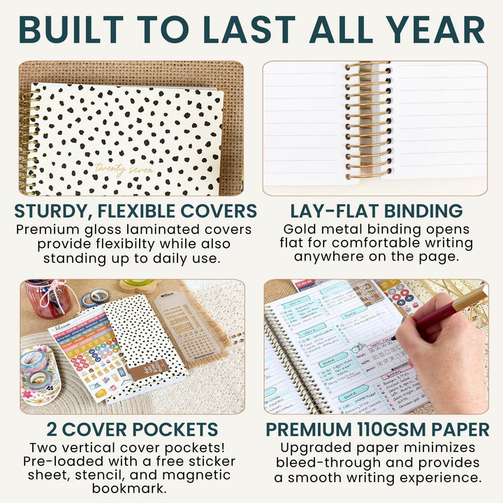 A 2x2 infographic showing features of a planner notebook: 'BUILT TO LAST ALL YEAR' at the top, with four panels demonstrating sturdy flexible covers, lay-flat binding, two cover pockets with a free sticker sheet, and premium 110 GSM paper with a hand writing in one corner.
