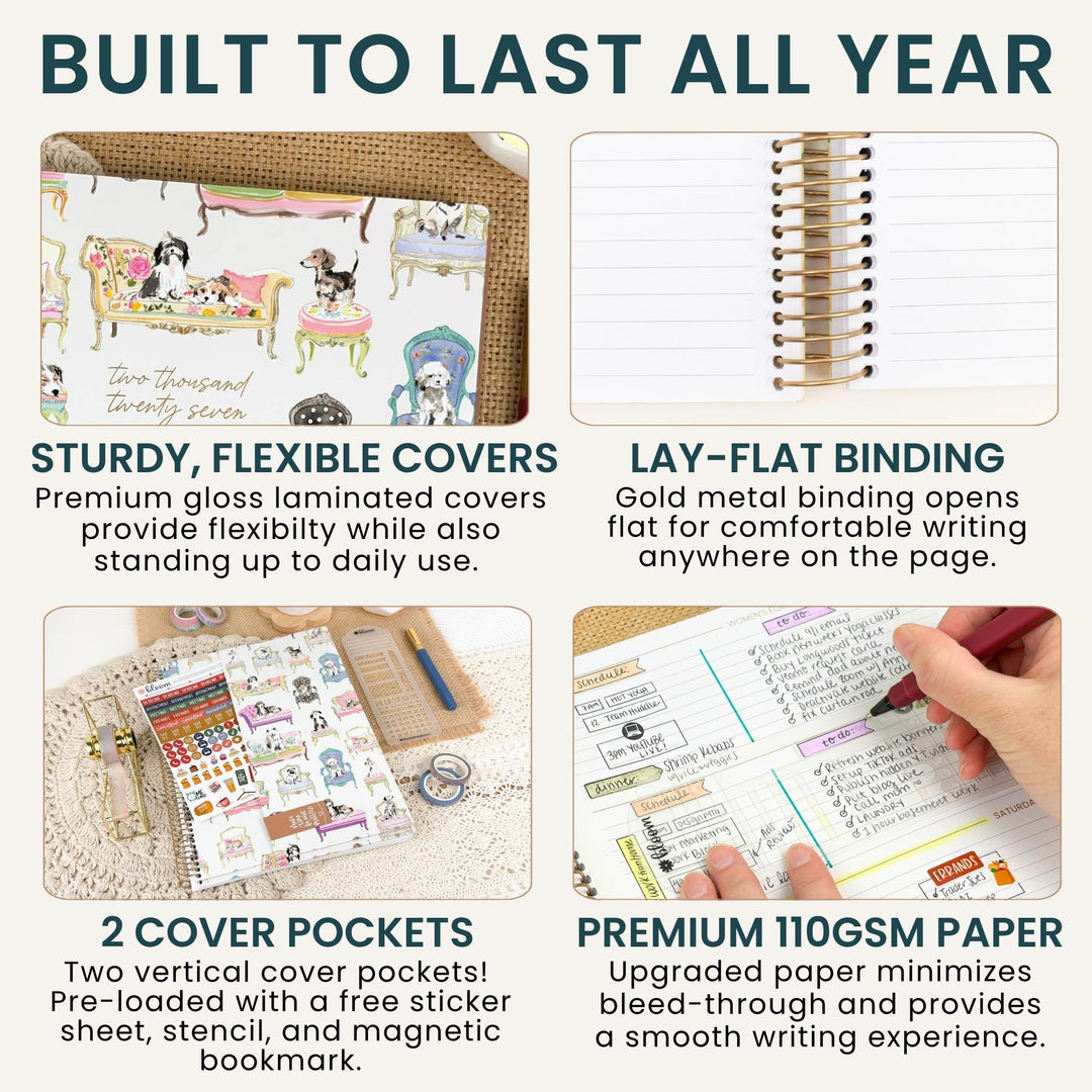 A 2x2 feature infographic for a planner notebook, with the headline 'BUILT TO LAST ALL YEAR' and four labeled panels showing cover flexibility, gold spiral binding, cover pockets, and premium paper. A hand is visible in the bottom-right panel demonstrating use.