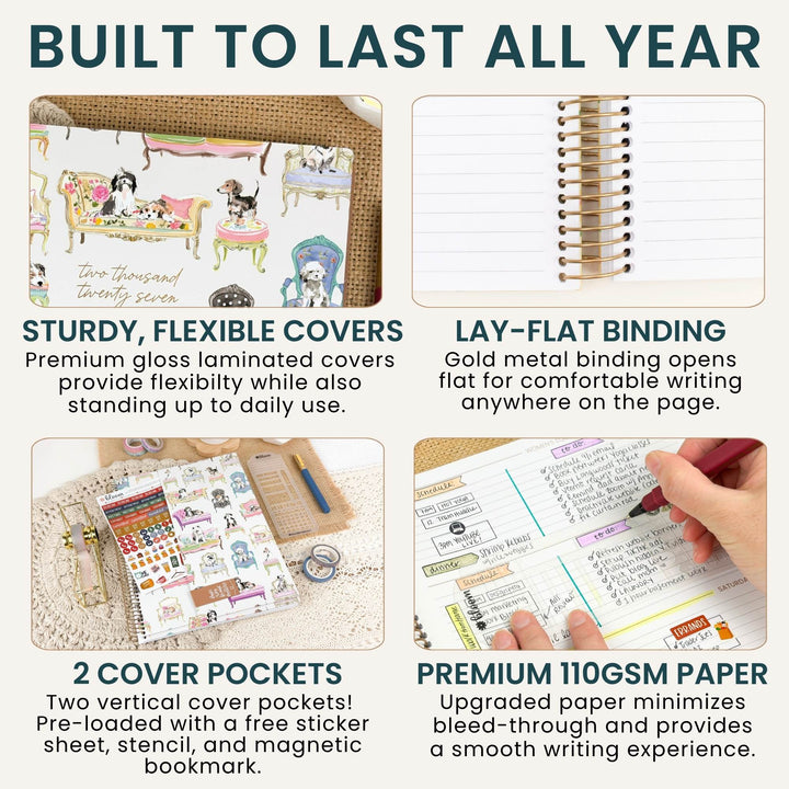 A 2x2 feature infographic for a planner notebook, with the headline 'BUILT TO LAST ALL YEAR' and four labeled panels showing cover flexibility, gold spiral binding, cover pockets, and premium paper. A hand is visible in the bottom-right panel demonstrating use.