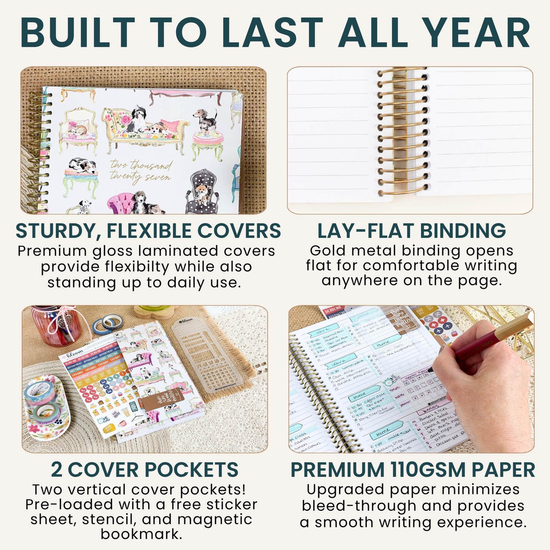 A 2x2 infographic showing features of a planner notebook: 'Built to Last All Year' with four panels demonstrating a spiral-bound planner with decorated covers, gold metal coil binding, two cover pockets with sticker sheets and washi tape, and premium 110gsm paper with a hand writing in the notebook.