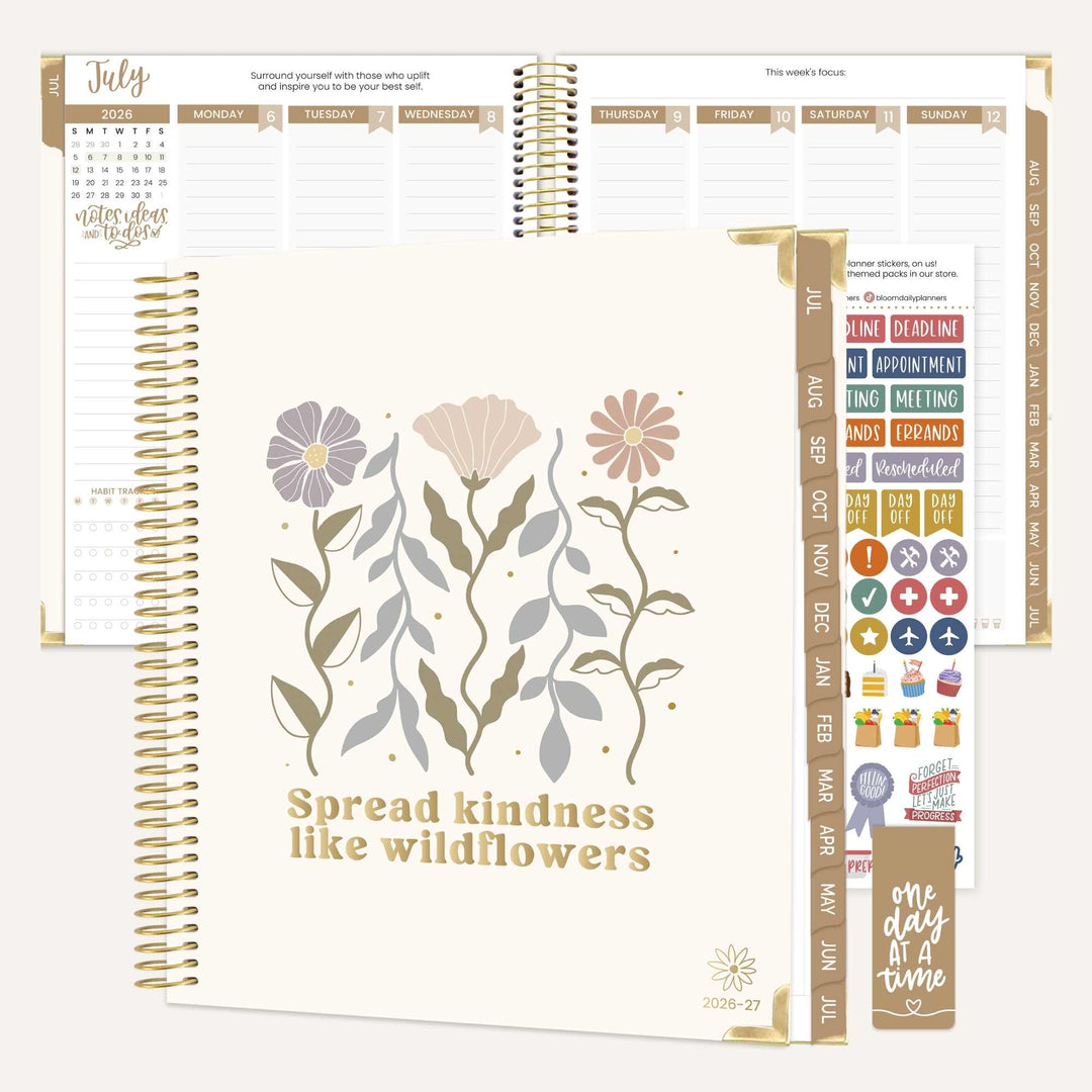 An academic year planner with floral design and text 'Spread kindness like wildflowers'. Neutral, soft colors and gold foil.