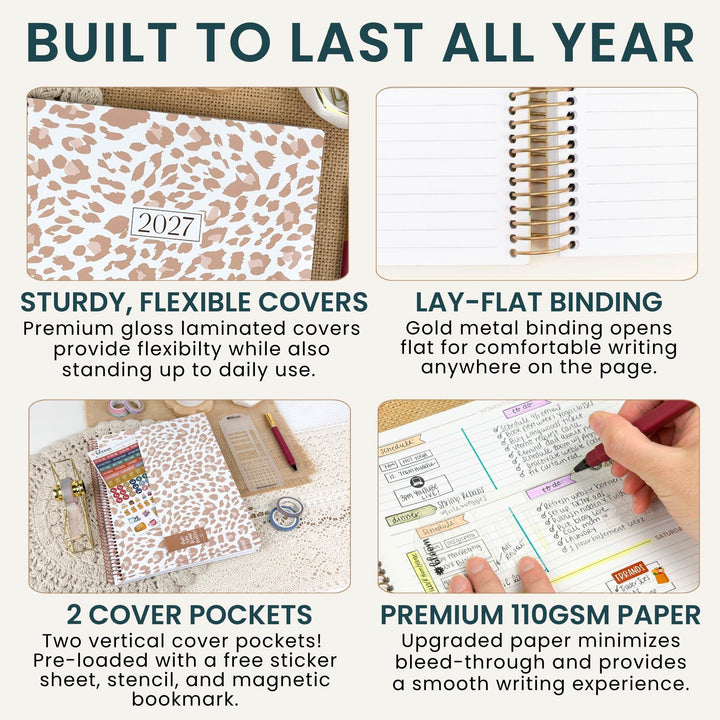 A 2x2 promotional infographic for a planner, showing close-up product details and feature callouts on a light beige background. The top-left panel shows a leopard-print cover with the year 2027 on it under the headline 'BUILT TO LAST ALL YEAR.