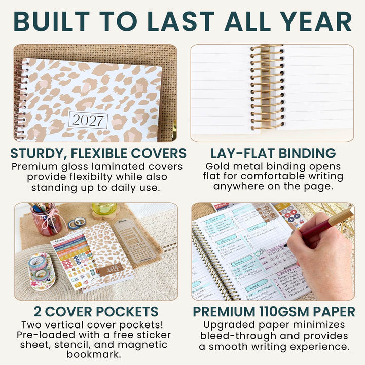 A 2x2 promotional collage for a spiral-bound planner or notebook. The top-left panel shows a 2027 planner with a beige and white leopard print cover on a burlap-textured background, with the headline 'BUILT TO LAST ALL YEAR.