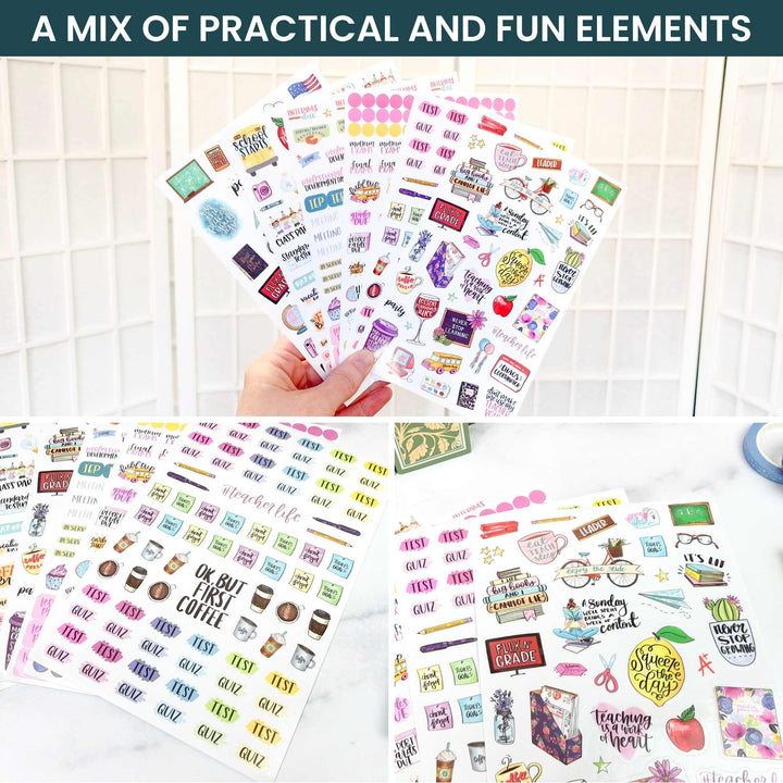 Collection of colorful stickers with various designs on a white surface.