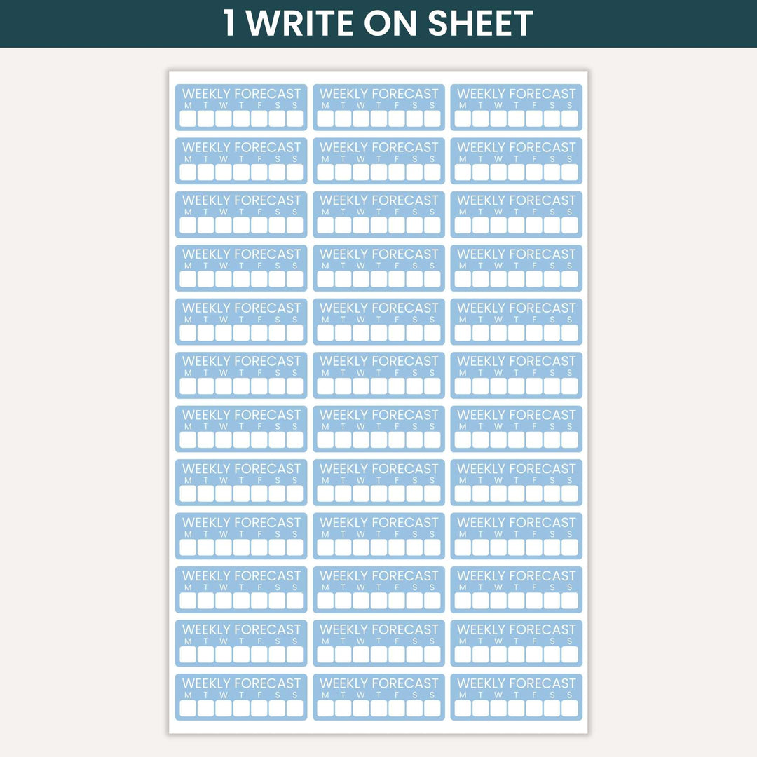 Sheet of 'Weekly Forecast' labels with blue and white design on a white background