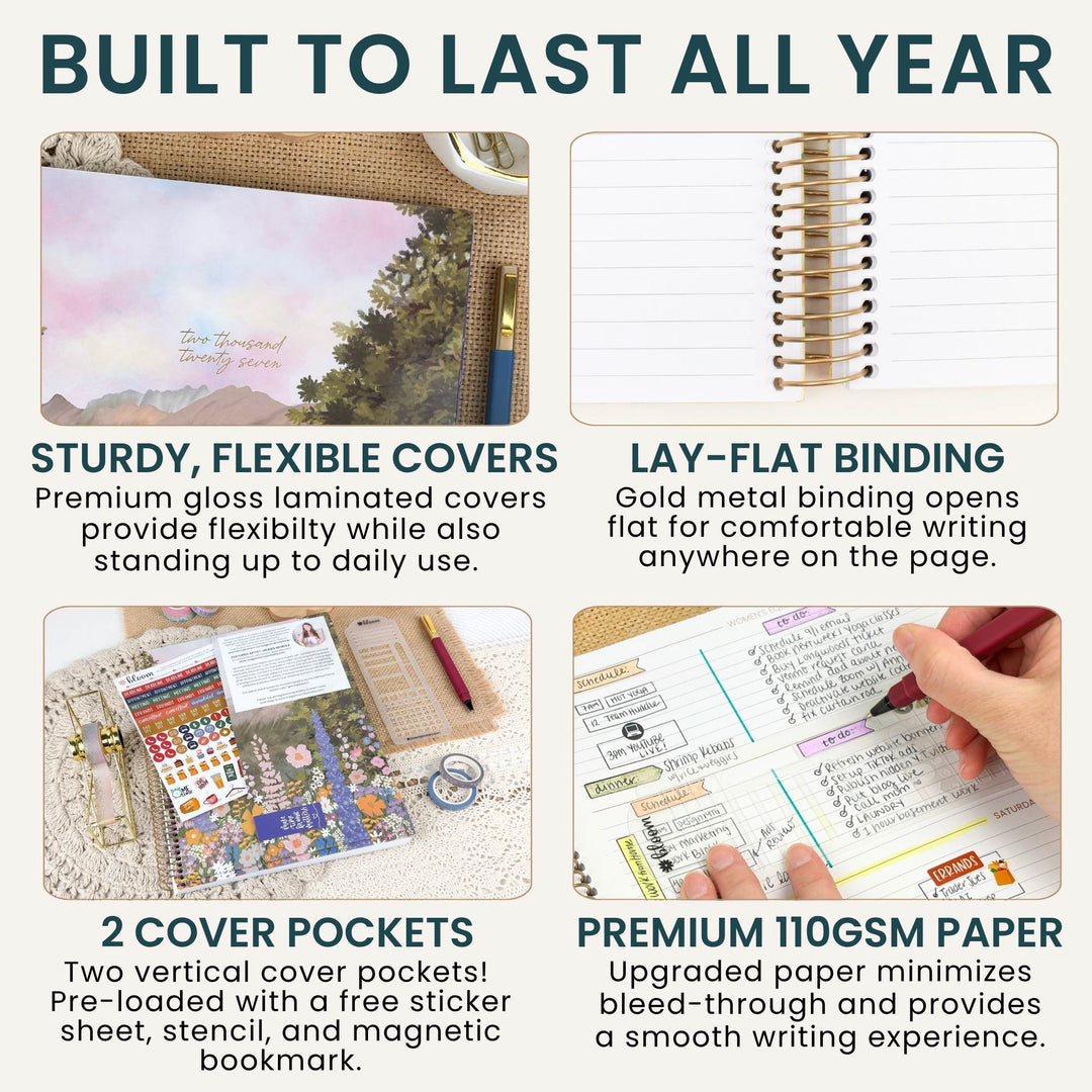 A four-panel promotional infographic for a planner or notebook cover set. The headline reads 'BUILT TO LAST ALL YEAR.