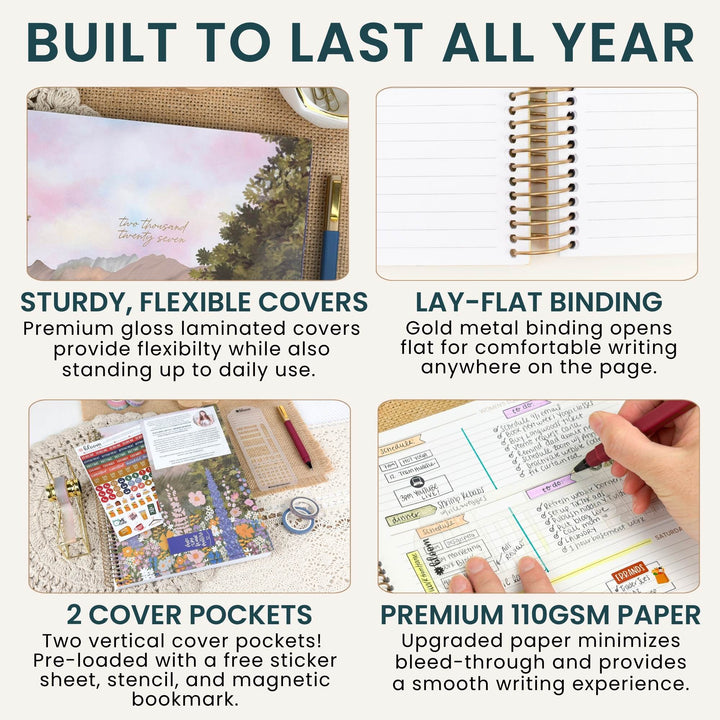 A four-panel promotional infographic for a planner or notebook cover set. The headline reads 'BUILT TO LAST ALL YEAR.