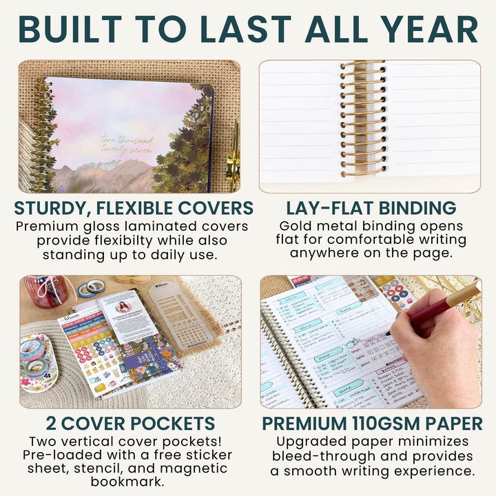 A 4-panel promotional infographic for a planner or notebook with the headline 'BUILT TO LAST ALL YEAR.' The panels show the notebook cover in a scenic landscape, a close-up of gold ring binding, decorated sticker sheets and ribbon in two vertical cover pockets, and a hand writing in the notebook on premium 110GSM paper.