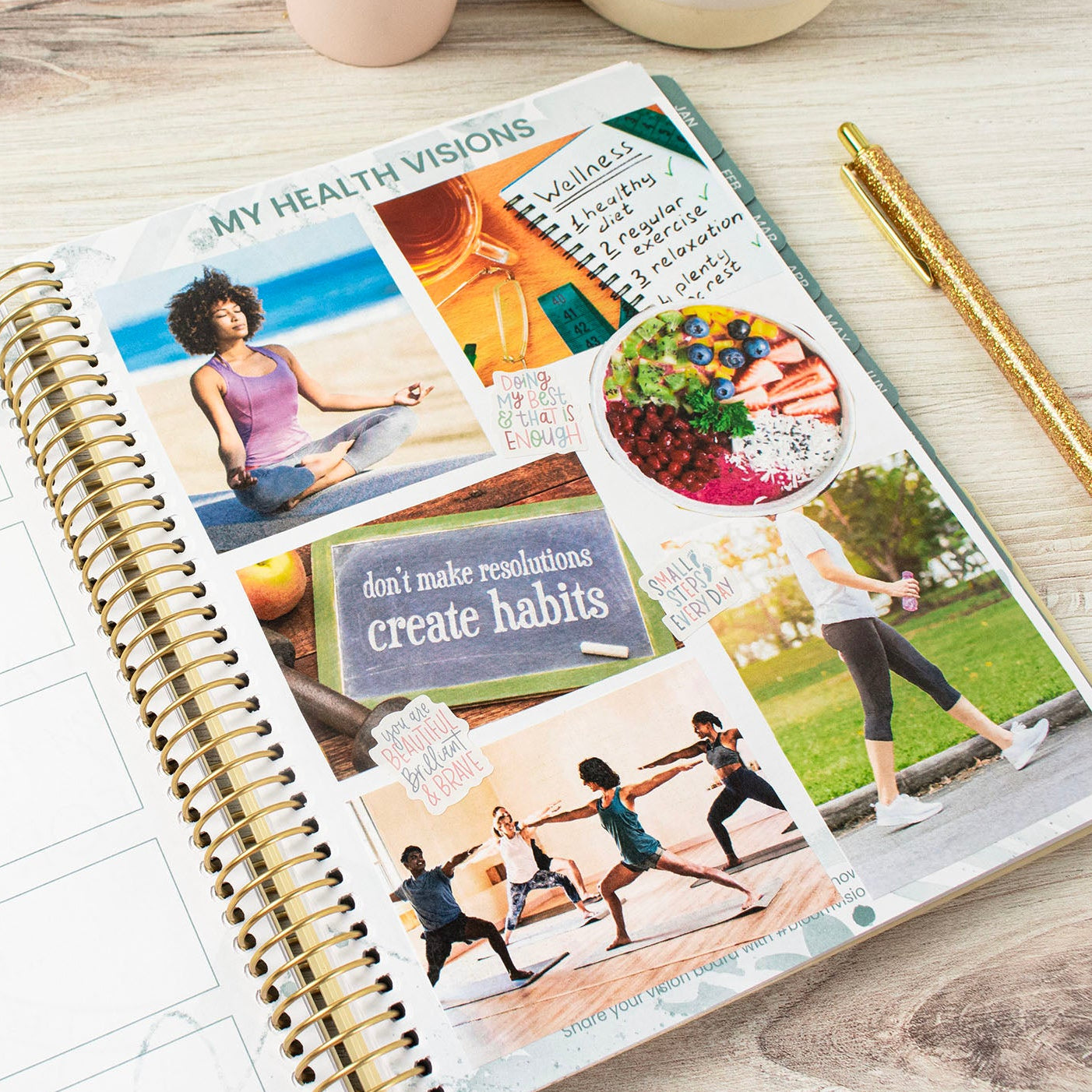 Open chronic illness health and wellness planner with health and fitness-themed pages on a wooden surface