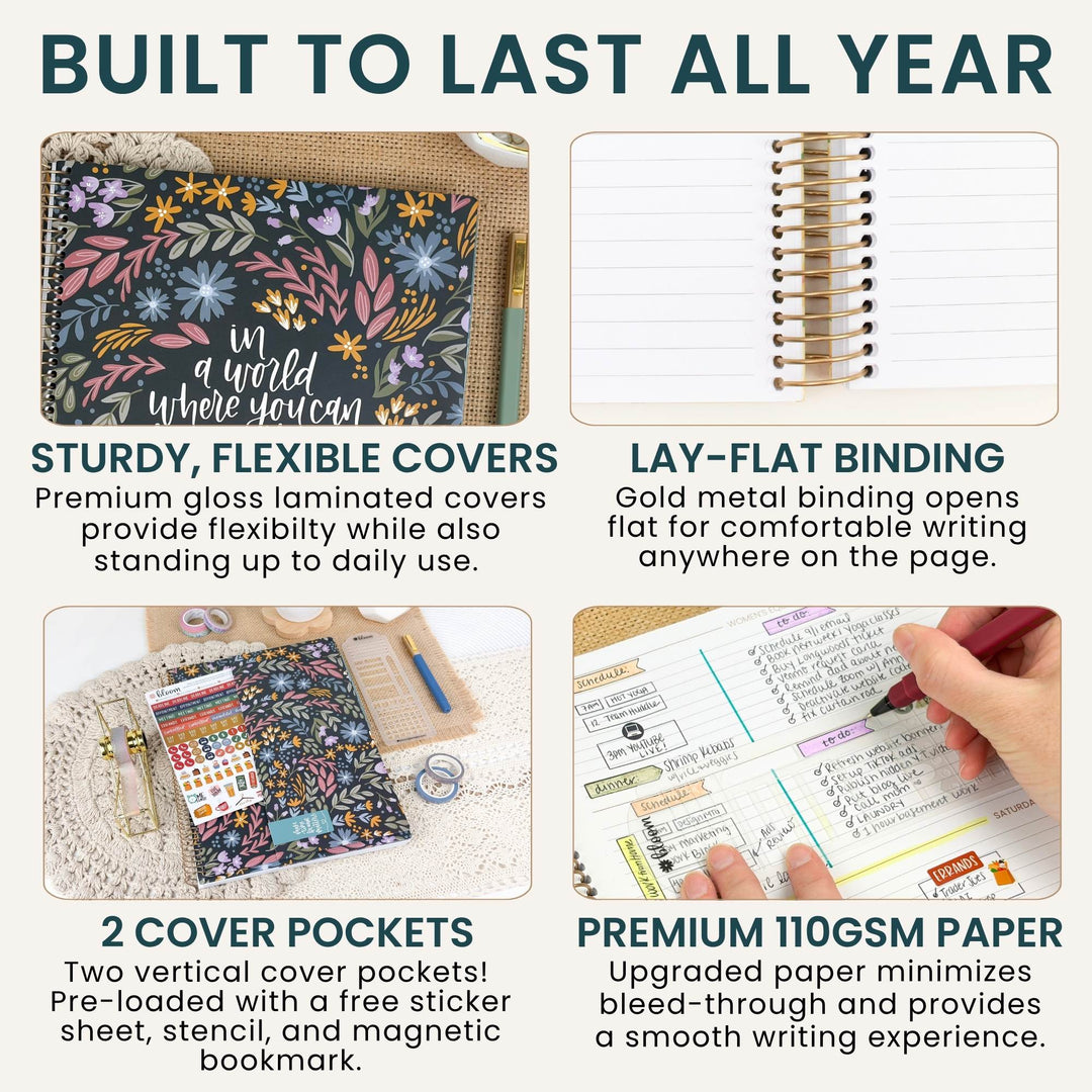 A 2x2 infographic showing features of a floral-patterned planner cover. The top-left panel shows the cover in use with a pen, labeled 'Built to Last All Year' and 'Sturdy, Flexible Covers.