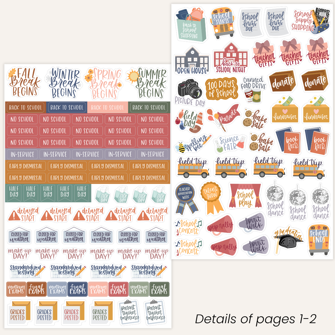 Collection of educational-themed planner stickers on a white background