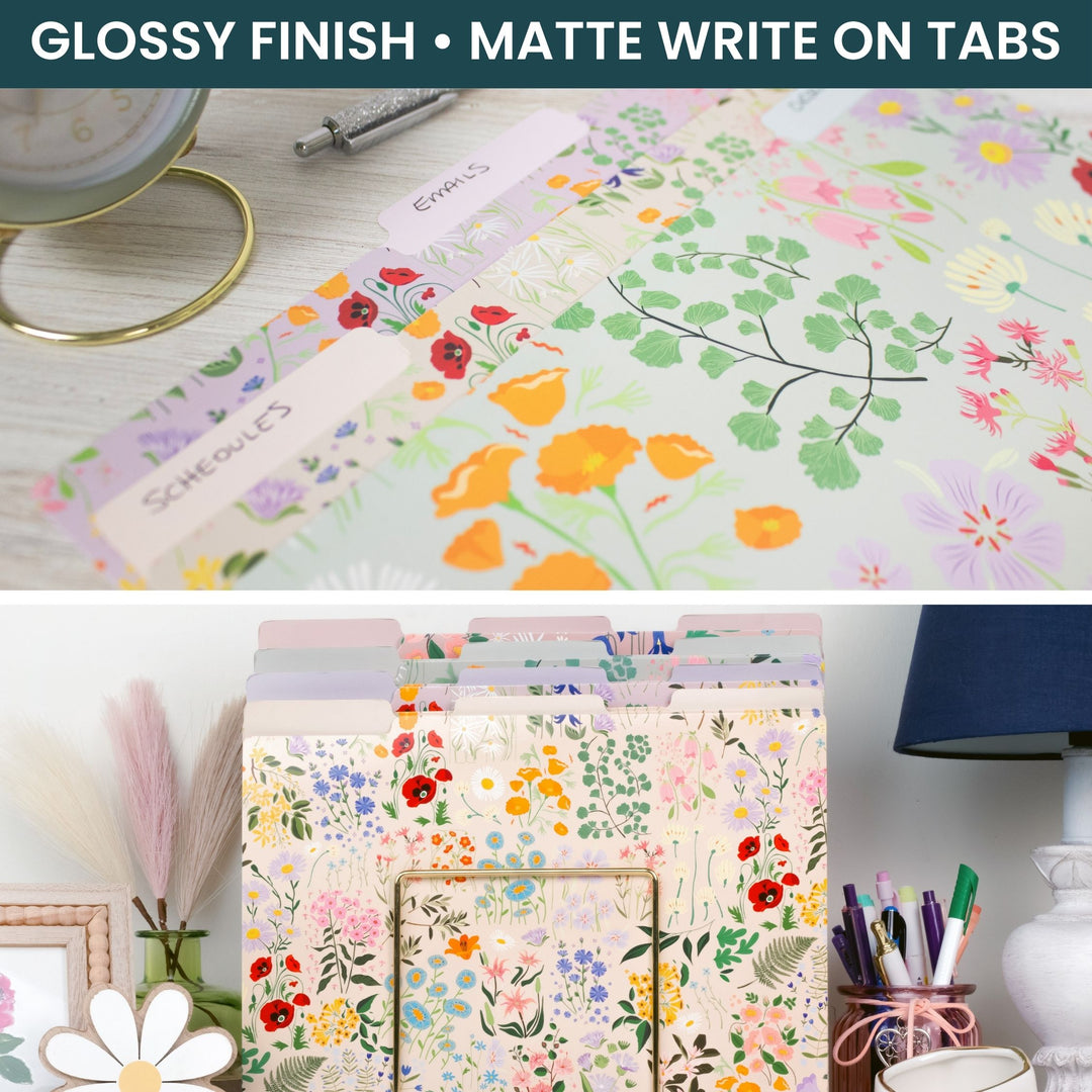 Floral-patterned tabs with glossy finish and matte writing surface, used in a file folder.