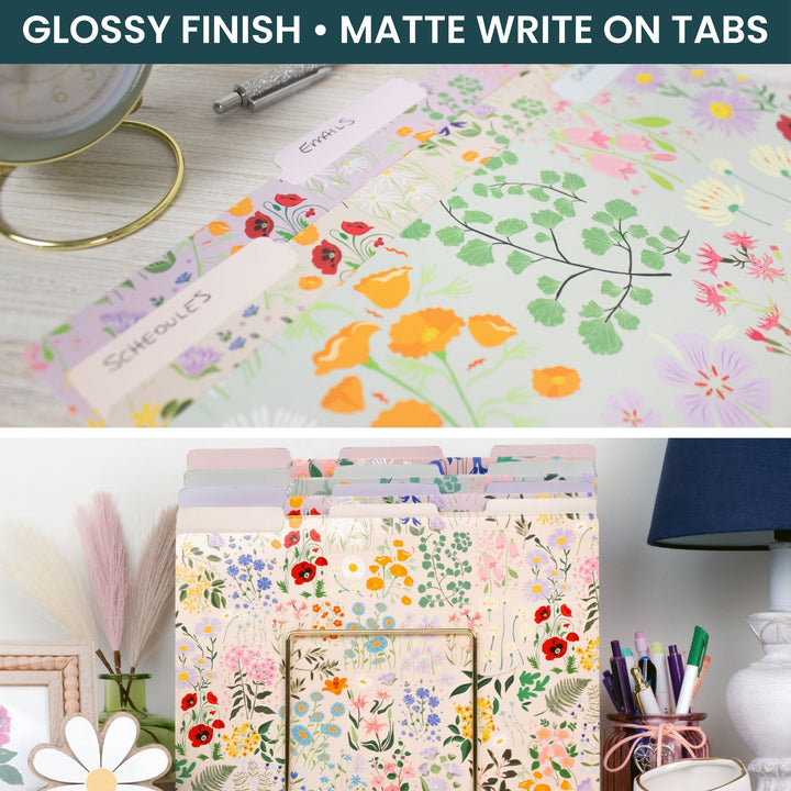 Floral-patterned tabs with glossy finish and matte writing surface, used in a file folder.