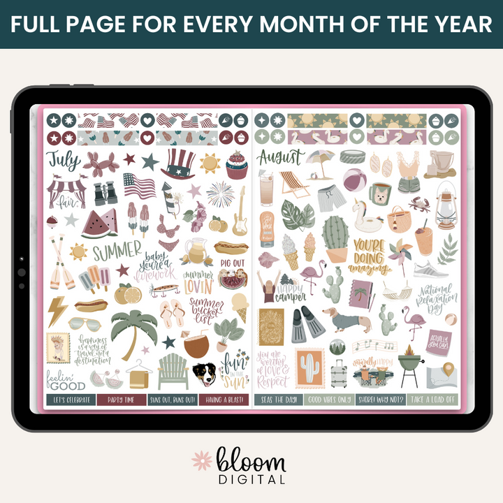 Digital Planner Stickers, Monthly Celebrations, Cool Tones