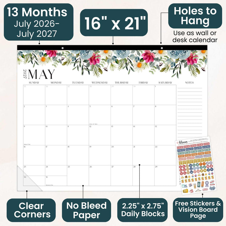 Wall calendar with floral design, features, and free stickers on a white background