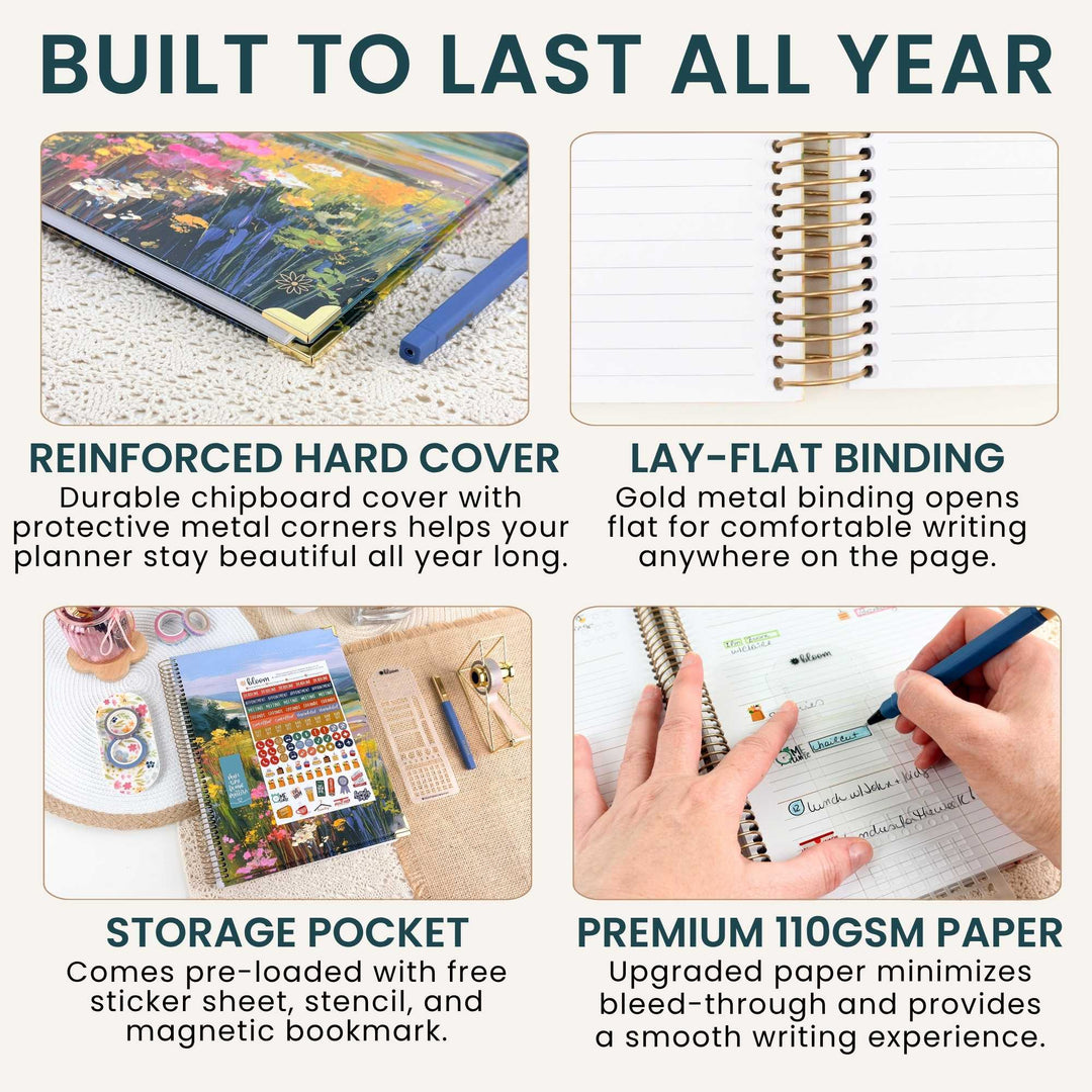 A four-panel promotional graphic for a planner or notebook with a colorful floral cover. The text reads 'BUILT TO LAST ALL YEAR' and highlights features such as reinforced hard cover, lay-flat binding, storage pocket, and premium 110 GSM paper, with small photos demonstrating the product in use.
