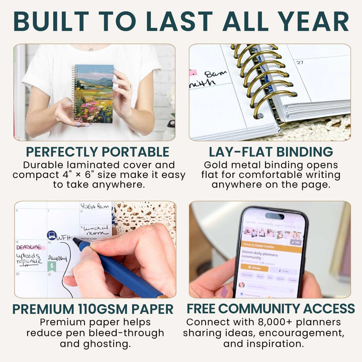Promotional graphic for a planner with features highlighted.