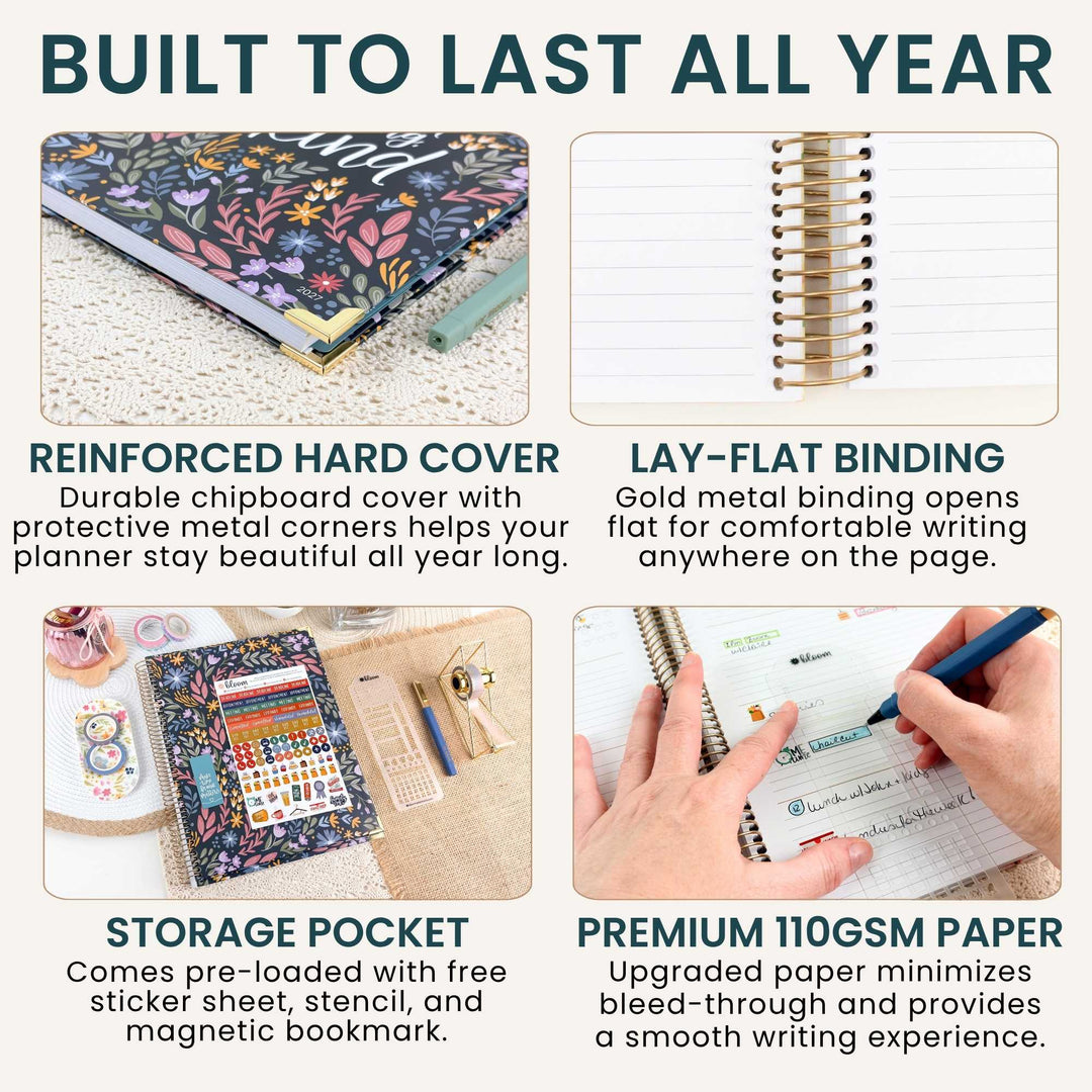 A four-panel promotional graphic for a floral-patterned planner or notebook. The top headline reads 'BUILT TO LAST ALL YEAR.