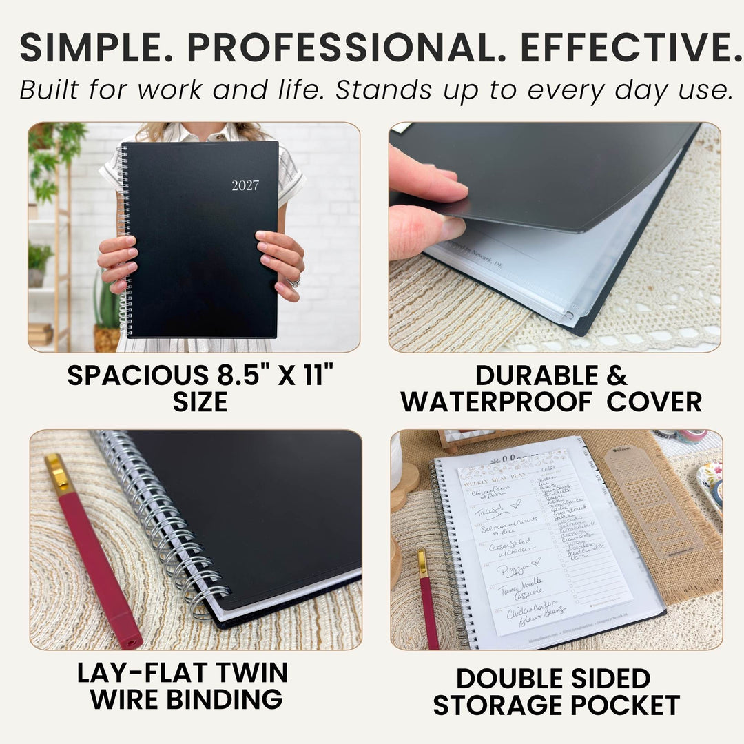 A 2x2 feature collage for a black 2027 planner or notebook. The top-left panel shows a person holding the black 2027 planner, labeled 'Spacious 8.