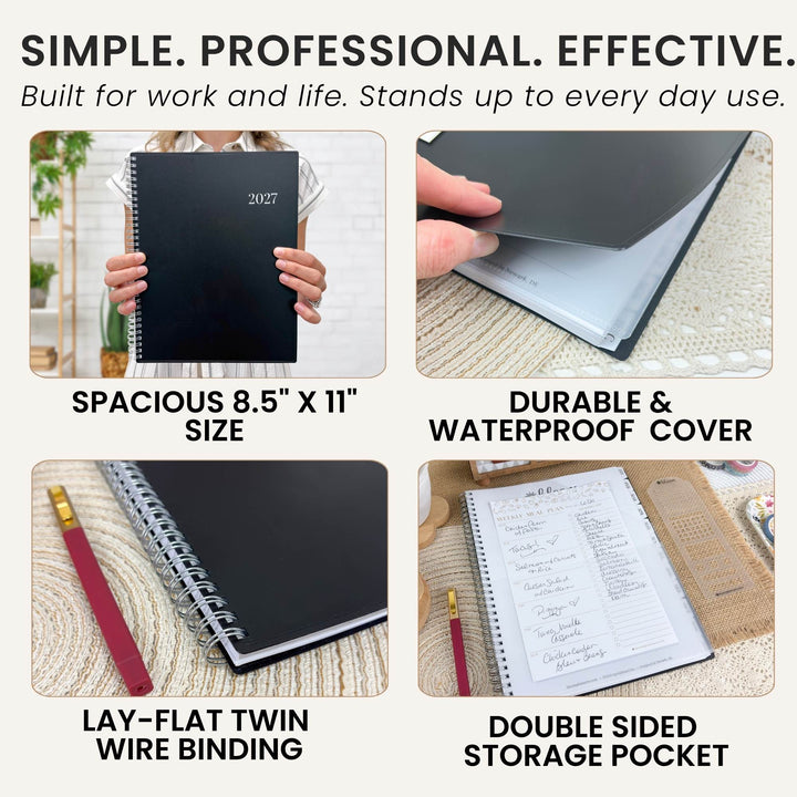 A 2x2 feature collage for a black 2027 planner or notebook. The top-left panel shows a person holding the black 2027 planner, labeled 'Spacious 8.