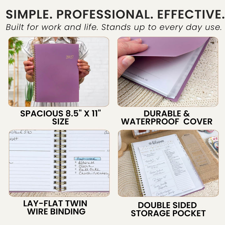 Purple 8.5 x 11 planner with lay-flat twin wire binding and durable, waterproof cover
