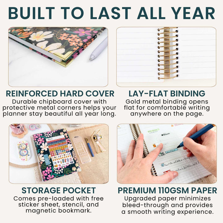 A four-panel promotional graphic for a planner or notebook with a decorated chipboard cover. The headline reads 'BUILT TO LAST ALL YEAR.