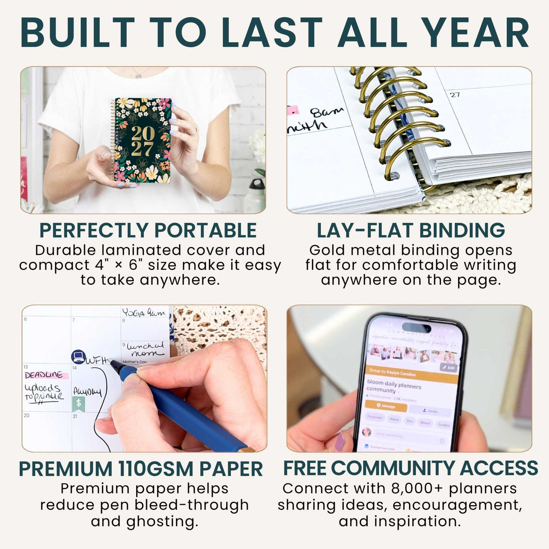 An image with the title Built to Last All Year with details aout the 4" x 6" size, the metal binding, upgrades paper, and free online community access.