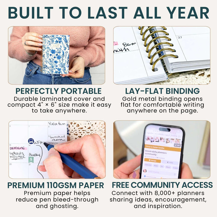A 4-panel marketing infographic for a planner or notebook. The top text reads 'BUILT TO LAST ALL YEAR.