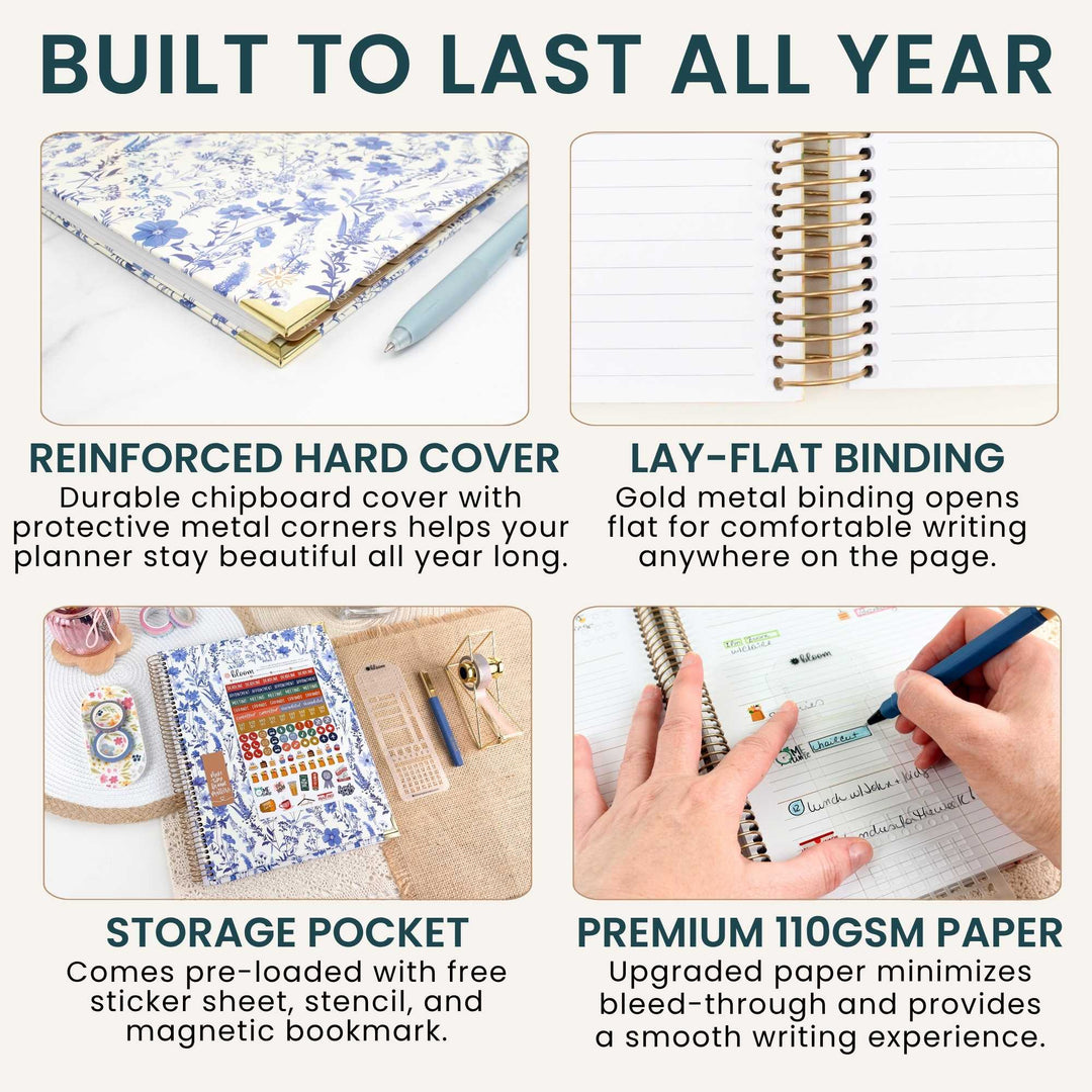 A promotional infographic for a hardcover planner, showing four feature callouts: reinforced hard cover, lay-flat binding, storage pocket, and premium 110g paper. The planner cover has a blue and white floral pattern with gold trim.