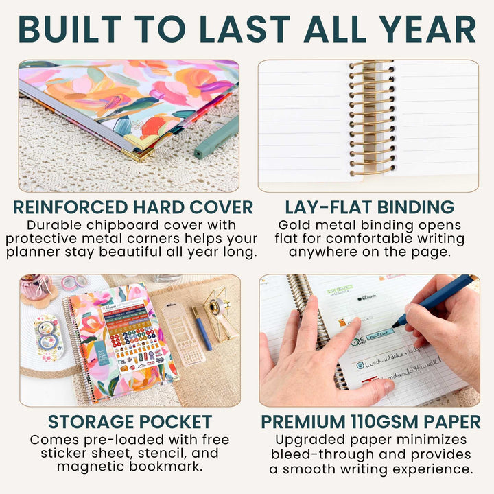 A four-panel promotional graphic for a planner or notebook with a colorful floral chipboard cover. The headline reads 'BUILT TO LAST ALL YEAR,' and the panels show: reinforced hard cover with protective corners, gold spiral binding, a storage pocket with sticker sheet, stencil, and bookmark, and premium 110 GSM paper for smooth writing.