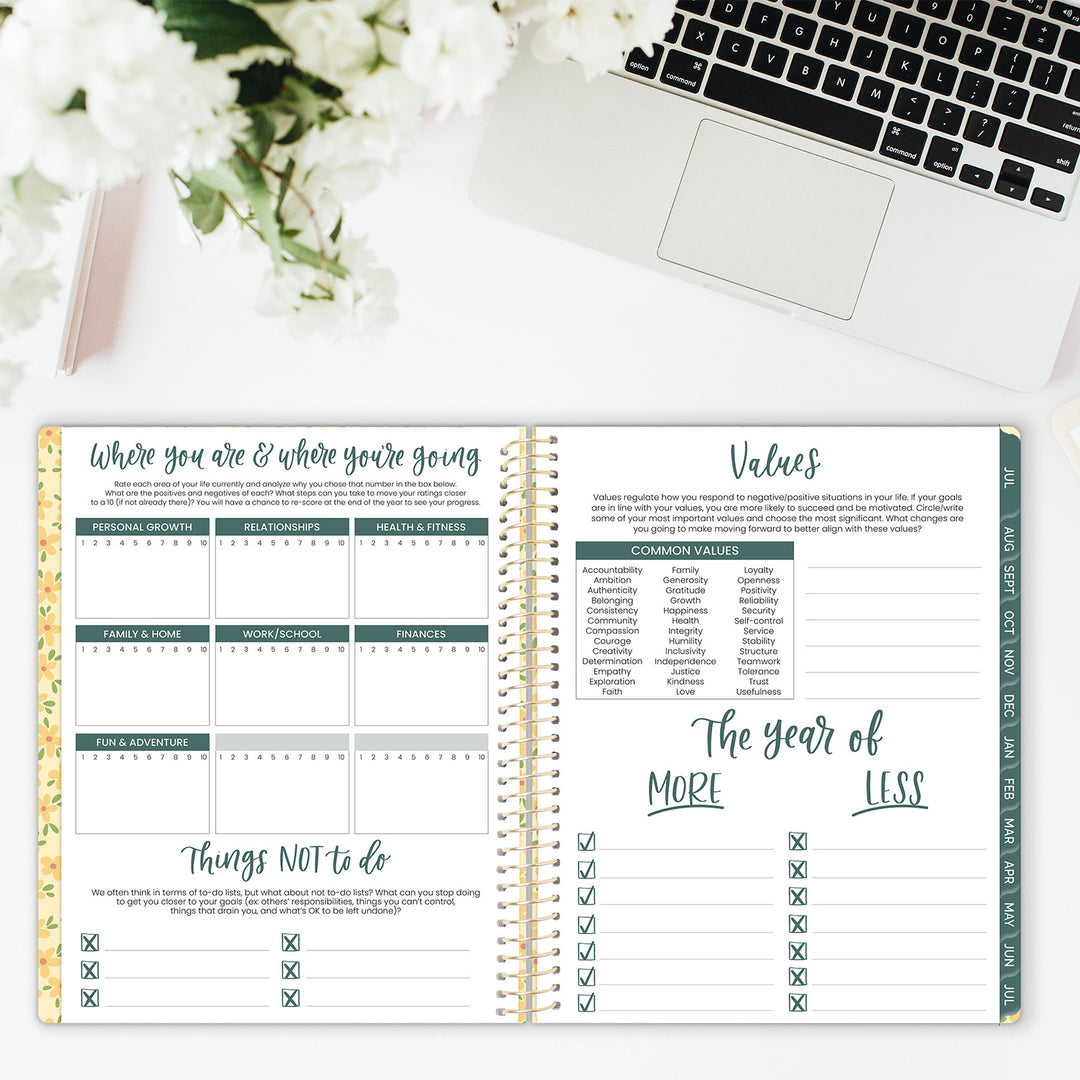 Open planner with checklists and sections on a desk with a laptop and flowers.
