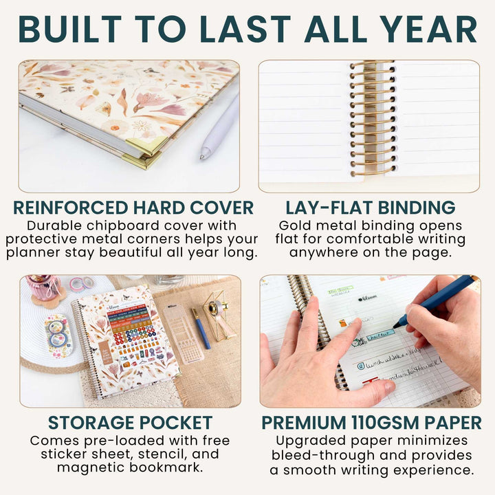 A four-panel promotional graphic for a notebook/planner with the headline 'BUILT TO LAST ALL YEAR.' The top-left panel shows the decorated chipboard cover; the top-right shows the spiral gold metal binding; the bottom-left highlights a storage pocket with stickers, a sheet, and a bookmark; the bottom-right shows hands writing on premium 110gsm paper.
