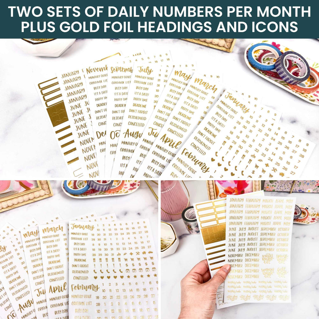 Planner Stickers | Calendar Essentials | Gold Foil on Clear - bloom daily planners