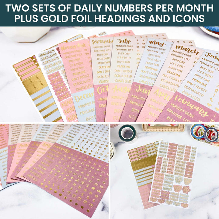 Collage of planner stickers with gold foil headings and icons on a white surface.