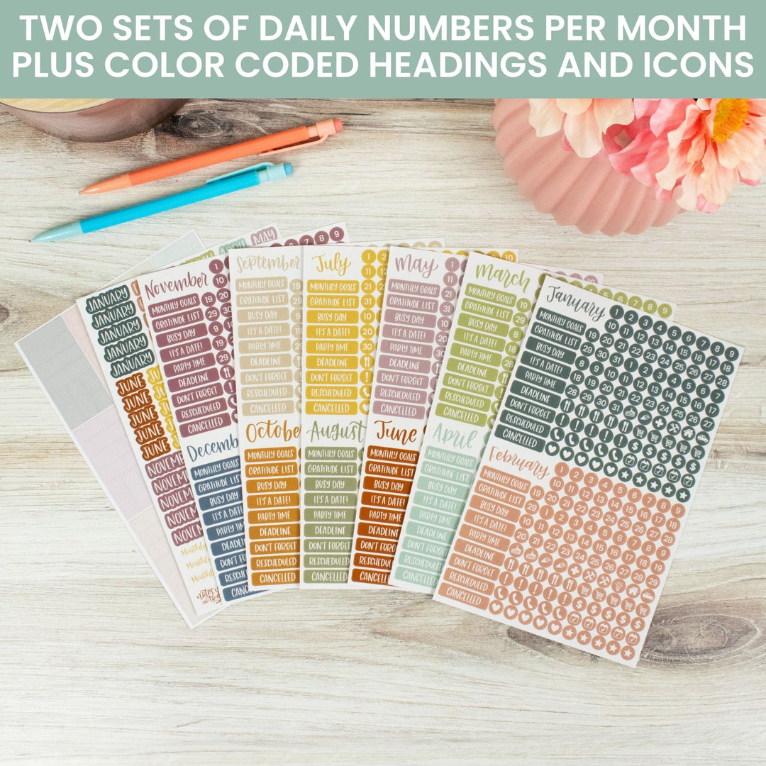 Planner Stickers, Calendar Essentials Pack, Retro Rainbow
