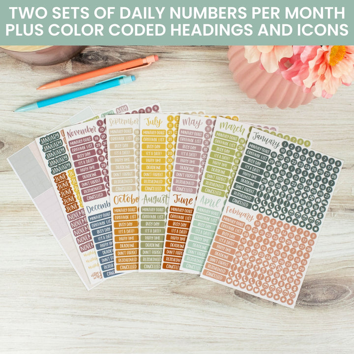 Planner Stickers, Calendar Essentials Pack, Retro Rainbow