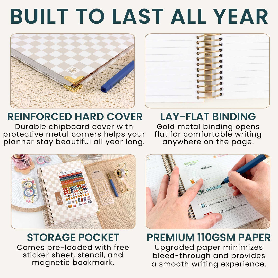 A promotional infographic with four panels showing a planner notebook and accessories, with the headline 'BUILT TO LAST ALL YEAR' and feature callouts for reinforced hard cover, lay-flat binding, storage pocket, and premium 110gsm paper.