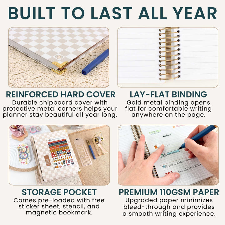 A promotional infographic with four panels showing a planner notebook and accessories, with the headline 'BUILT TO LAST ALL YEAR' and feature callouts for reinforced hard cover, lay-flat binding, storage pocket, and premium 110gsm paper.
