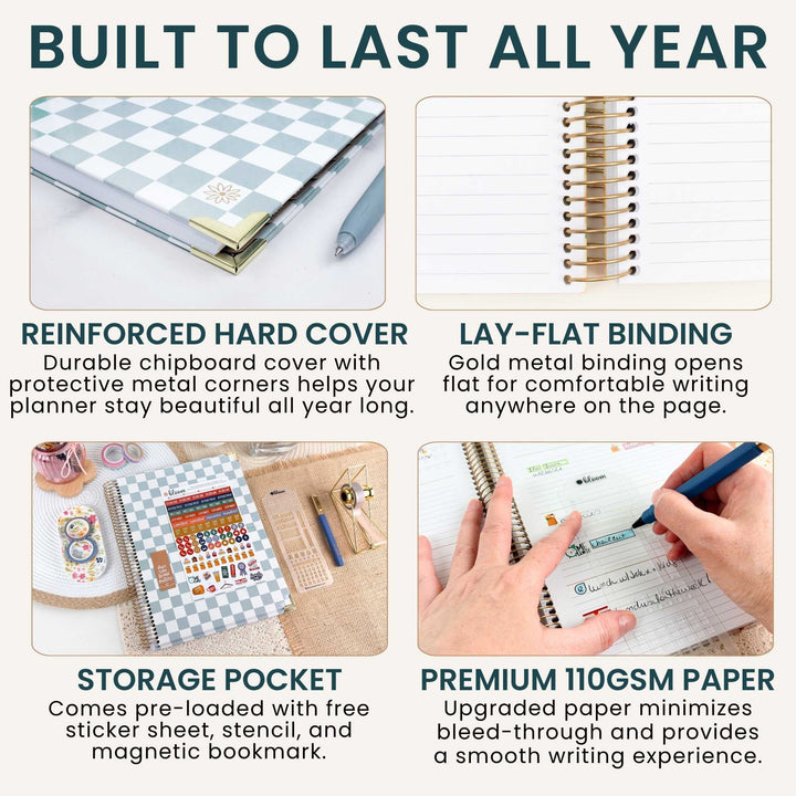 A four-panel marketing infographic for a planner notebook. The top text reads 'BUILT TO LAST ALL YEAR.
