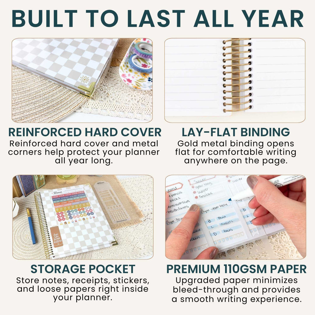 A four-panel product feature graphic for a planner notebook. The top text reads 'BUILT TO LAST ALL YEAR.